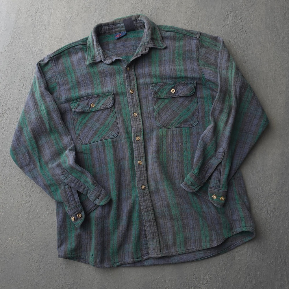 Vintage 90s Dakota Green Blue Striped Flannel Shirt XL Long Sleeve Cotton